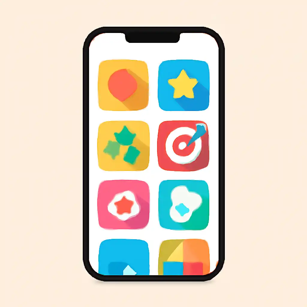 Smartphone shown from the front displaying a colourful flat layout of abstract game icons and rounded tiles (no text, no letters, no labels), L7 Lottery
